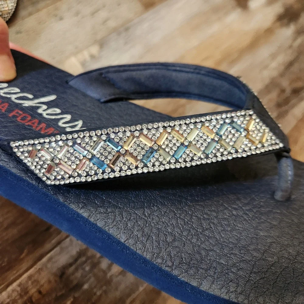 Skechers Vinyasa Glory Day Navy Blue Rhinestone Crystal Platform Wedge Sandals 9